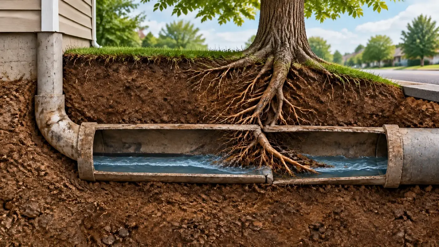 Illustration of tree roots entering an offset main sewer line joint and narrowing the water flow, with a sewer camera inside the pipe